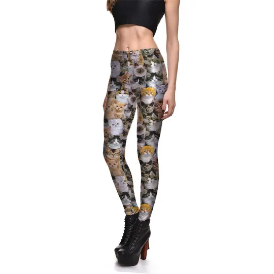 Discover Women’s Leggings Cat Print Elastic Waist Slim Fit
