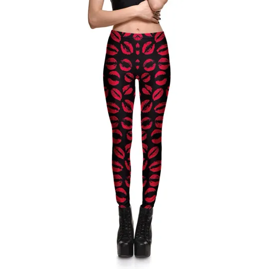 Discover Woman Red Lip Printed Elastic Waist Leggings