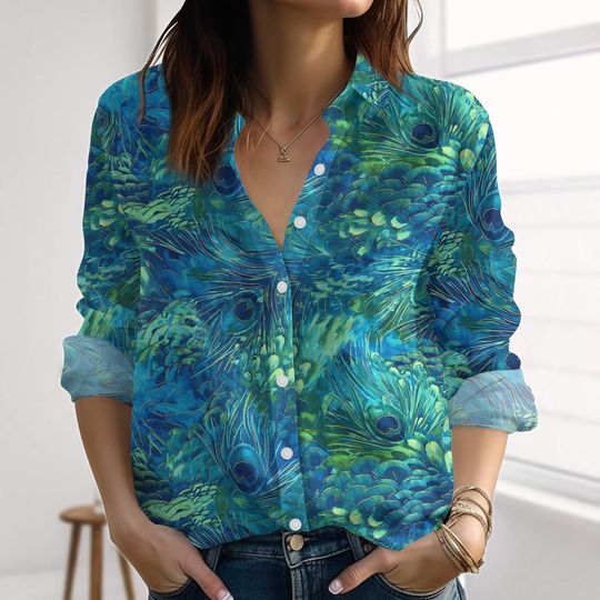 Peacock Feather Linen-Look Shirt, Boho Blouses Tops Women, Peacock Love Casual Shirt, Spring Birds Shirt, Summer Button Shirt For Her