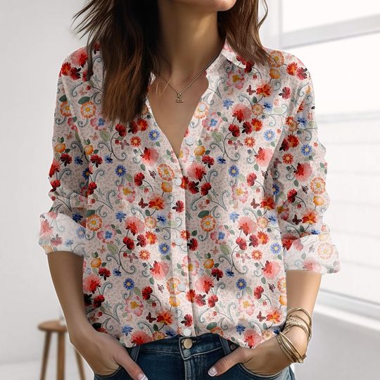 Daisy Flowers Linen-Look Shirt, Nature Love Blouse Shirt, Cottagecore Floral Shirt for Women, Vintage Flower Print Button Shirt For Her