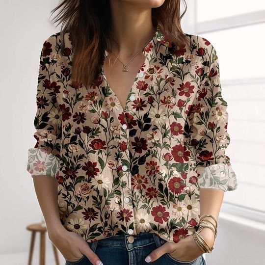 Discover Red Floral Linen-Look Shirt, Retro Wildflowers Blouse Shirt, Botanical Women Shirt, Vintage Gardening Casual Shirt, Boho Style Shirt