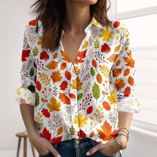 Autumn Leaves Linen-Look Shirt, Fall Foliage Blouse Shirt, Boho Cottagecore Women Shirt, Nature Love Casual Shirt, Halloween Gifts