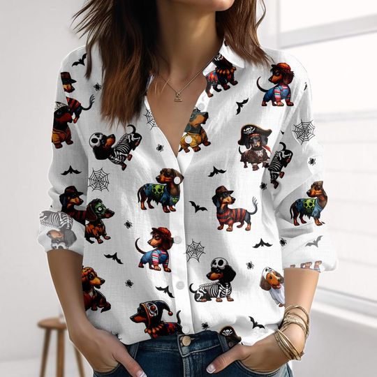 Discover Halloween Dachshund Linen-Look Shirt, Cute Dog Pumpkin Woman Shirt, Spooky Bat Blouse Shirt, Halloween 2025 Casual Chic For Dog Lovers
