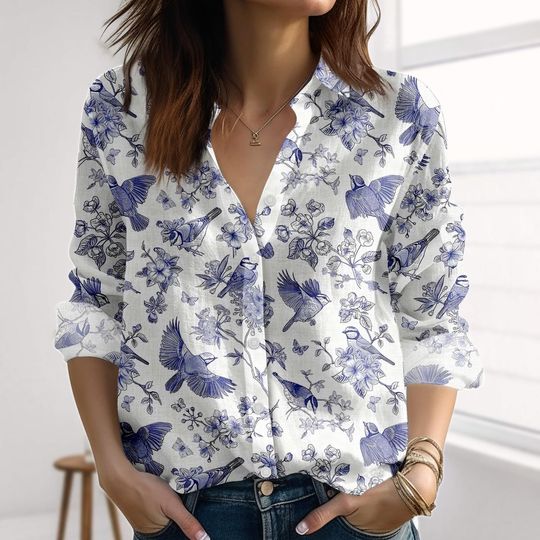 Discover Blue Bird Floral Linen-Look Shirt, Vintage Nature Love Blouse Shirt, Flowers Women Shirt, Botanical Button Women Shirt, Gardening Shirt