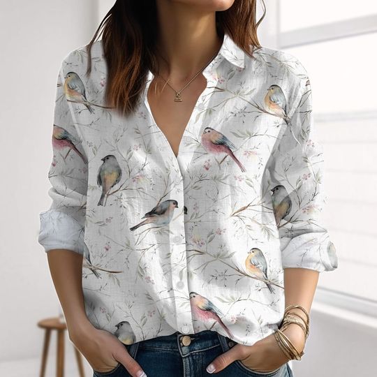 Discover Bird Print Linen-Look Shirt, Botanical Blouse Shirt, Nature Summer Vacation Top, Cottagecore Garden Shirt Women, Vacation Shirt For Her