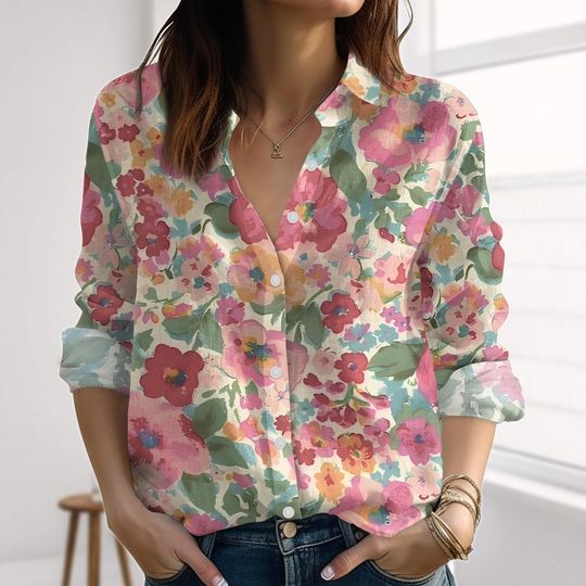 Floral Linen-Look Shirt, Flower Shirt For Women, Spring Garden Blouse Shirt, Cottagecore Casual Top For Holiday
