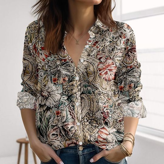 Discover Vintage Botanical Linen-Look Shirt, Earthy Floral Blouse Shirt, Nature Love Casual Shirt, Boho Fall Shirt, Cottagecore Women Shirt