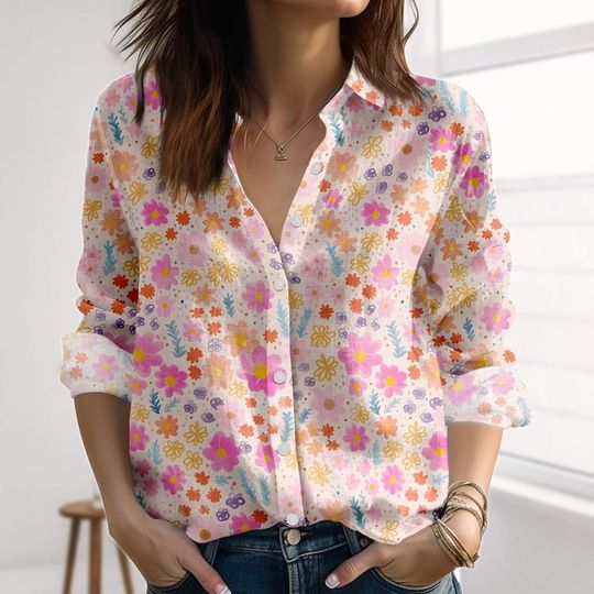 Discover Pastel Floral Linen-Look Shirt, Pink Cottagecore Shirt For Women, Spring Inspired Blouse Shirt, Cute Soft Aesthetic Top For Vacation