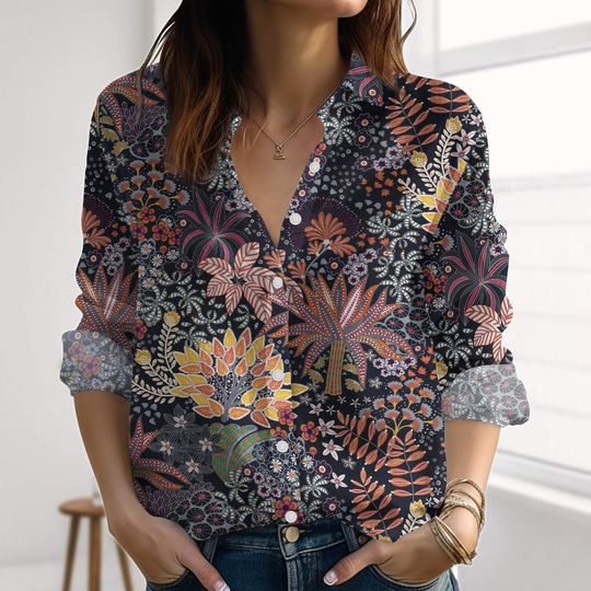 Discover Tropical Floral Linen-Look Shirt, Botanical Print Blouse For Women, Colorful Flowers Women Shirt, Retro Casual Tops For Summer