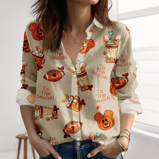 Discover Mickey Pumpkin Halloween Linen-Look Shirt, Autumn Coffee Women Shirt, Disney Blouse Shirt, Fall Spooky Casual Shirt, Halloween Gifts