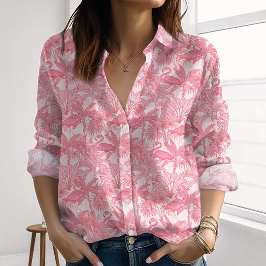 Flamingo Floral Linen-Look Shirt, Flamingo Women Shirt, Tropical Pattern Casual Top, Birds Blouses Shirt, Summer Gift For Her