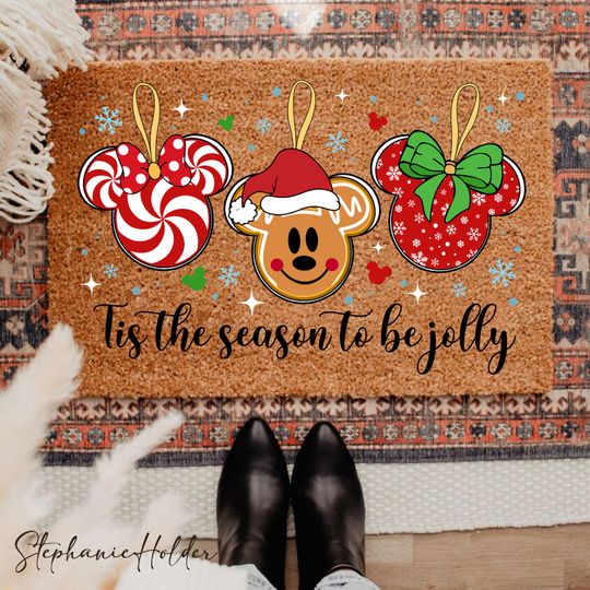 Tis The Season To Be Jolly Doormat, Mouse and Friends Holiday Welcome Mat, Christmas Doormat,Funny Cartoon Characters Christmas Doormat