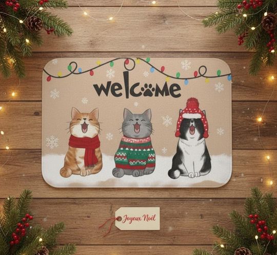 Discover Christmas Cat Welcome Doormat  Festive Indoor/Outdoor Doormat with Cute Cats & Holiday Lights | Holiday Entryway Rug
