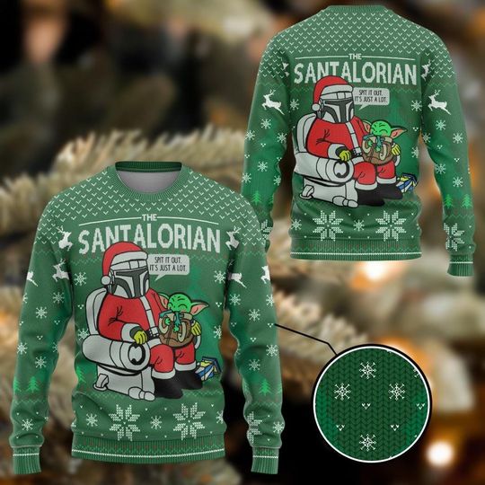 Discover The Santalorian Ugly Christmas Sweater, Star Wars Xmas Sweater, The Mandalorian Sweatshirt, Baby Yoda Sweater, Disney Family Sweater