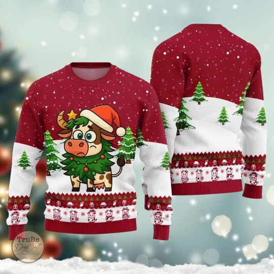 Discover Adorable Santa Cow Ugly Sweater, Funny Cow Christmas Sweater, Cute Cow Sweater, Idea Christmas Gift for Men Women, Holiday Eve Sweater