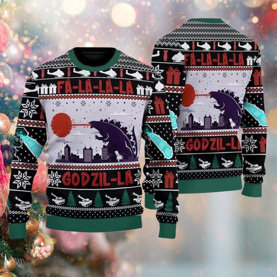 FaLaLaLa Monster Ugly Christmas Sweater, Funny Kaiju Style Holiday Jumper for Men & Women, Geeky Winter Party Gift
