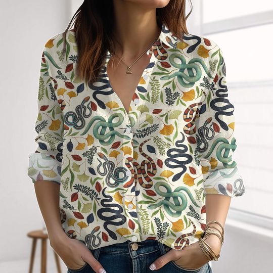 Discover Snake Linen-Look Shirt, Botanical Women Shirt, Nature Blouse Shirt, Gardening Casual Shirt For Her