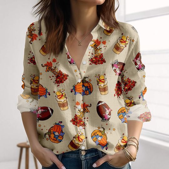 Discover Halloween Winnie Pooh Linen-Look Shirt, Disney Autumn Coffee Women Shirt, Pumpkin Spice Blouse Shirt, Retro Halloween Casual Shirt