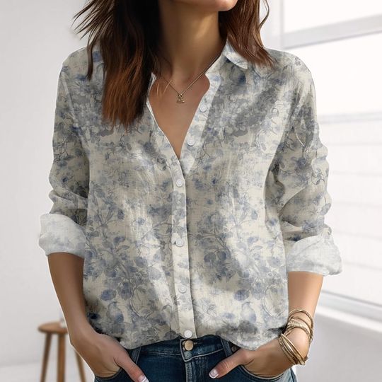 Vintage Faded Floral Linen-Look Shirt, Retro Flower Blouses Top Women, Nature Love Casual Shirt, Gardening Casual Shirt, Halloween Gift