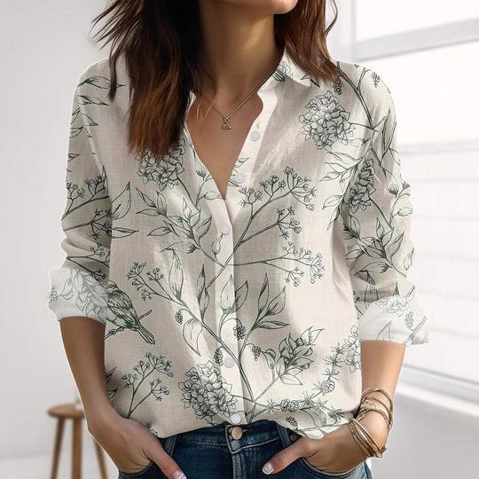 Discover Vintage Botanical Linen-Look Shirt, Floral Flowers Women Shirt, Cottagecore Plants Blouse Shirt, Nature Lover Casual Shirt For Her
