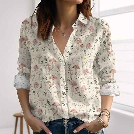 Discover Vintage Mushroom Blouse Shirt, Goblincore Line-Look Shirt, Mushroom Casual Shirt, Nature Love Shirt For Summer, Gift For Her