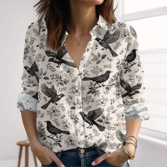Discover Starling Bird Linen-Look Shirt, Retro Birds Blouses Shirt, Nature Love Shirt For Women, Button Down Shirt For Summer, Gift For Her