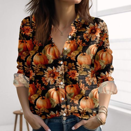 Floral Pumpkin Linen-Look Shirt, Autumn Harvest Blouse Shirt, Nature Love Women Shirt, Spooky Casual Shirt, Halloween Gifts