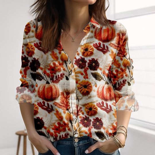 Discover Fall Pumpkin Floral Linen-Look Shirt, Fall Harvest Blouse Shirt, Nature Love Women Shirt, Spooky Autumn Casual Shirt, Halloween Gift
