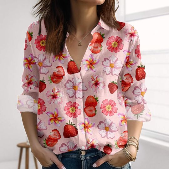 Strawberry Floral Linen-Look Shirt, Cute Fruit Blouse Shirt, Nature Casual Shirt, Gift For Her