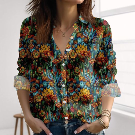Tropical Botanical Linen-Look Shirt, Jungle Blouse Shirt, Vintage Cottagecore Women Shirt, Nature Casual Shirt, Gift For Her