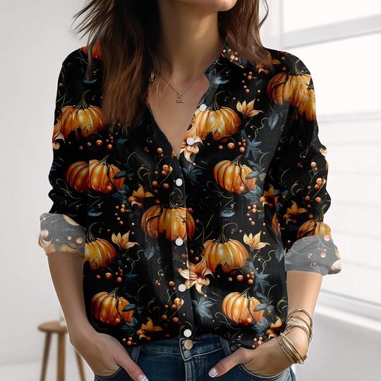 Halloween Pumpkin Linen-Look Shirt, Fall Harvest Blouse Shirt, Fall Festival Women Shirt, Spooky Autumn Casual Shirt For Her