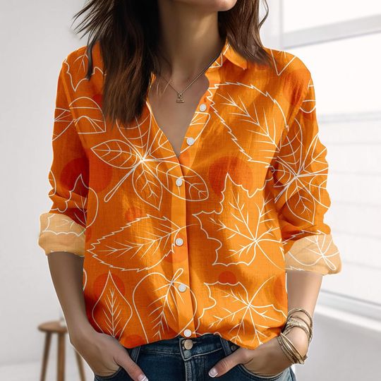 Orange Fall Leaf Linen-Look Shirt, Autumn Leaves Shirt For Women, Retro Fall Long Sleeve Button Up Shirt, Nature Love Casual Shirt
