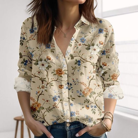 Discover Vintage Floral Flowers Linen-Look Shirt, Nature Women Shirt, Wildflowers Blouse Shirt, Shirt For Summer