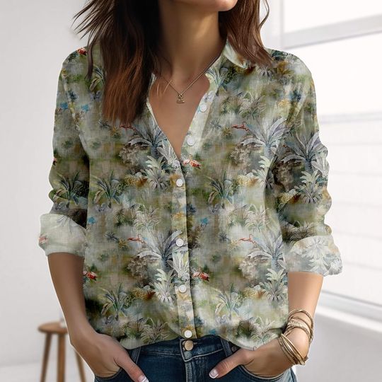 Discover Vintage Jungle Forest Linen-Look Shirt, Tropical Blouse Top Women, Nature Love Casual Shirt, Summer Holiday Button Shirt, Gift For Her
