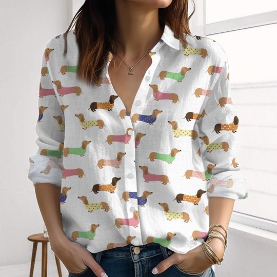Discover Dachshund Dog Linen-Look Shirt, Dog Aloha Blouses Shirt, Sausage Dog Vacation Shirt, Cute Pet Women Shirt, Summer Shirt For Her