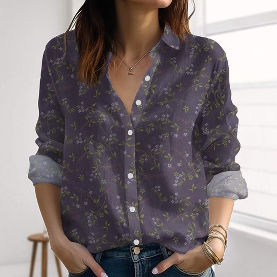 Boho Flowers Linen-Look Shirt, Retro Floral Flowers Blouse Shirt, Nature Casual Tops, Cottagecore Shirts For Women, Summer Shirt