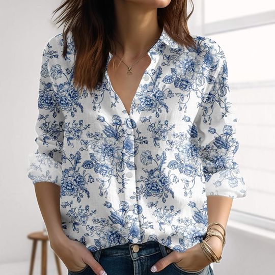 Vintage Blue Floral Linen-Look Shirt, Cottagecore Spring Shirt For Women, Romantic Casual Chic For Her