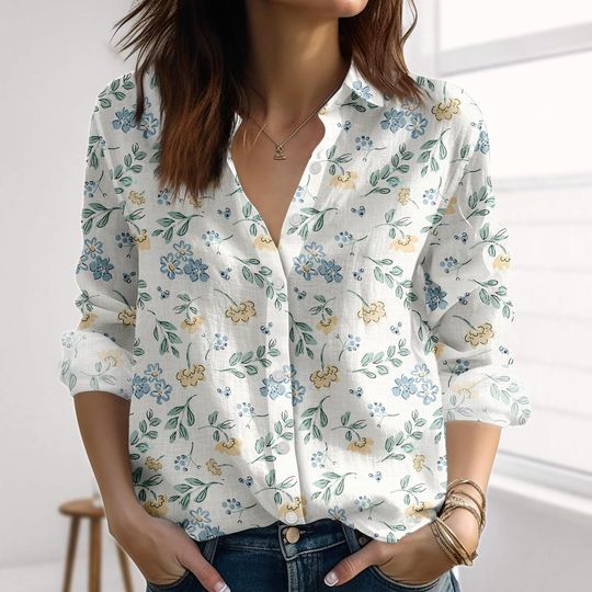 Cute Sheep Floral Linen-Look Shirt, Kawaii Pastel Blouse Shirt, Spring Cottagecore Shirt For Women, Retro Flowers Casual Shirt For Her