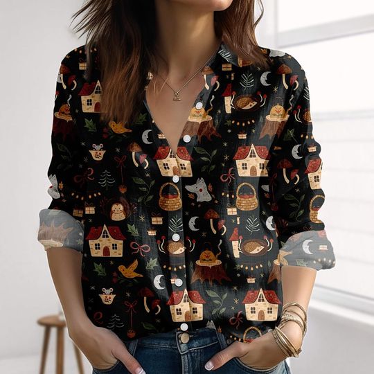 Retro Fairy Tale Forest Linen-Look Shirt, Vintage Animals & House Blouse Shirt, Autumn Shirt For Women