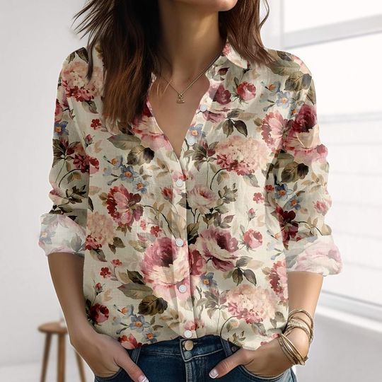 Vintage Floral Linen-Look Shirt, Retro Cottagecore Blouse Shirt, Vintage Flowers Women Shirt, Romantic Rose Casual Shirt, Spring Shirt