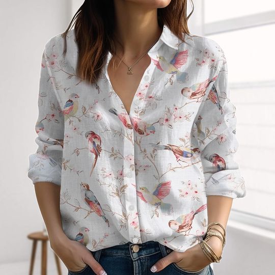 Discover Birds Flower Linen-Look Shirt, Botanical Blouses Tops Women, Nature Love Casual Shirt, Retro Button Women Shirt, Summer Gift