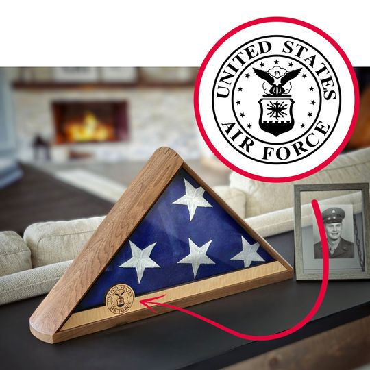 Discover US AIR Force Emblem Seal Flag Display Case Personalized for 5' x 9.5' Veteran American Flag. Memorial Shadow Box Handmade in the USA