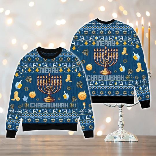 Merry Chrismukkah Jewish Christmas Hanukkah Sweatshirt, Menorah Holiday Ugly Sweater for Men