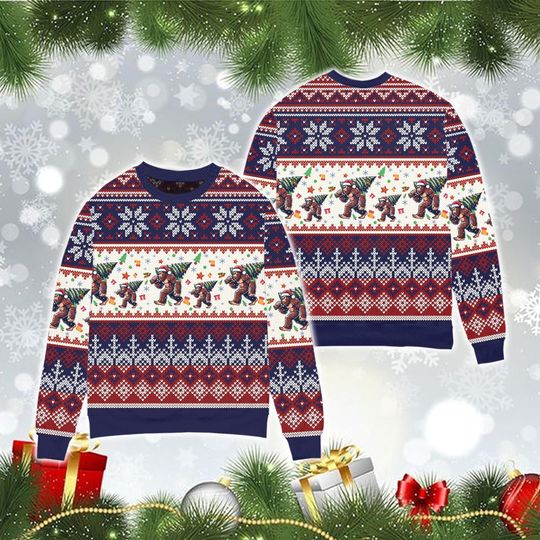 Discover Bigfoot Santa Christmas Tree Sweater, Sasquatch Ugly Christmas Sweater