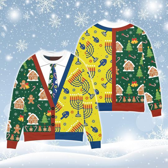 Merry Chrismukkah Ugly Sweater, Gingerbread Menorah Hanukkah Christmas Sweatshirt