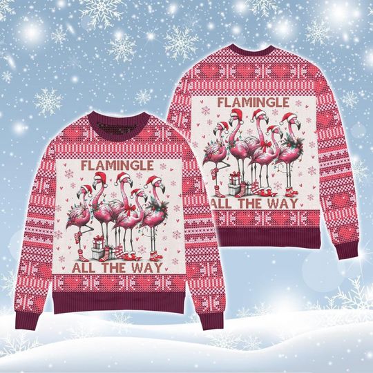Flamingle All The Way Ugly Christmas Sweater, Flamingo Christmas Sweater