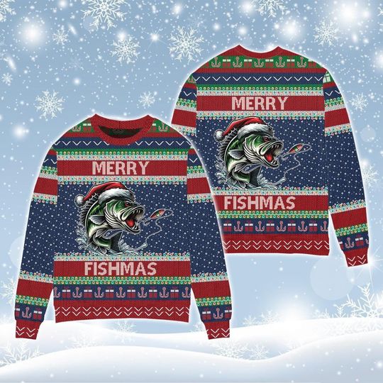 Merry Fishmas Ugly Christmas Sweater, Fishing Lover Fisherman Holiday Sweatshirt for Dad and Husband
