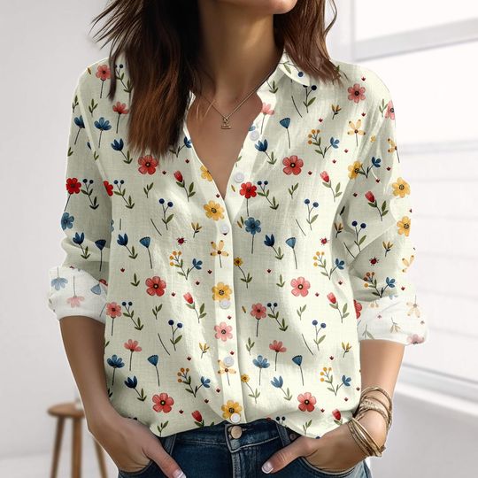 Minimalism Floral Linen-Look Shirt, Spring Blouse Shirt, Vintage Cream Floral Casual Top, Gardening Shirts For Women
