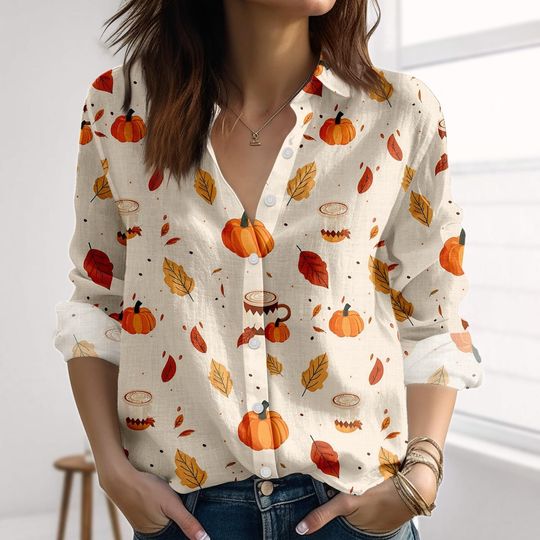Pumpkin Spice Linen-Look Shirt, Fall Leaf Blouse Shirt, Autumn Coffee Print Shirt For Women, Cute Fall Casual Tops
