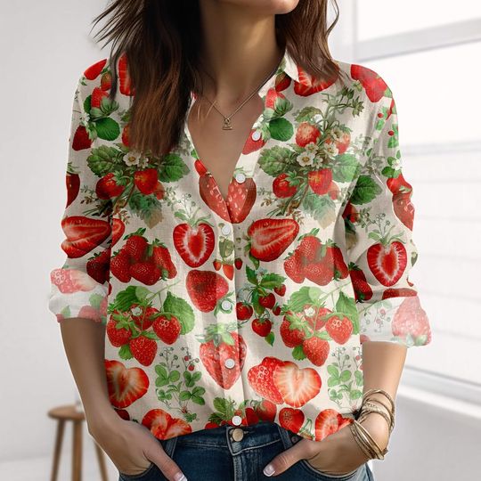 Strawberry Linen-Look Shirt, Fruit Long Sleeve Blouse, Cottagecore Women Shirt, Summer Garden Casual Shirt For Women